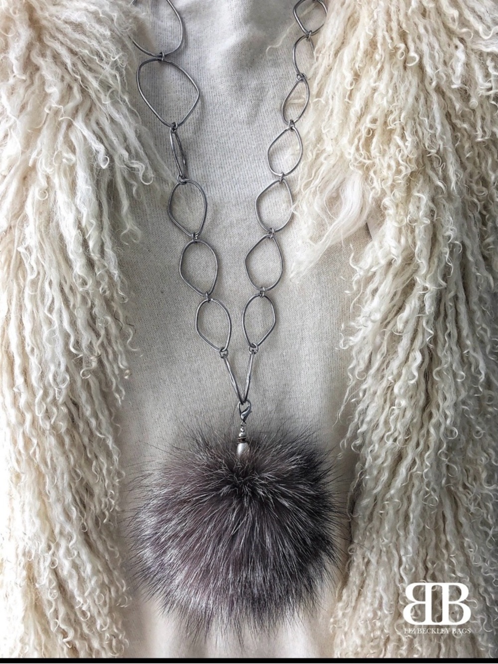 100% Up-Cycled, Repurposed Jewelry and Silver Fox Fur Necklace